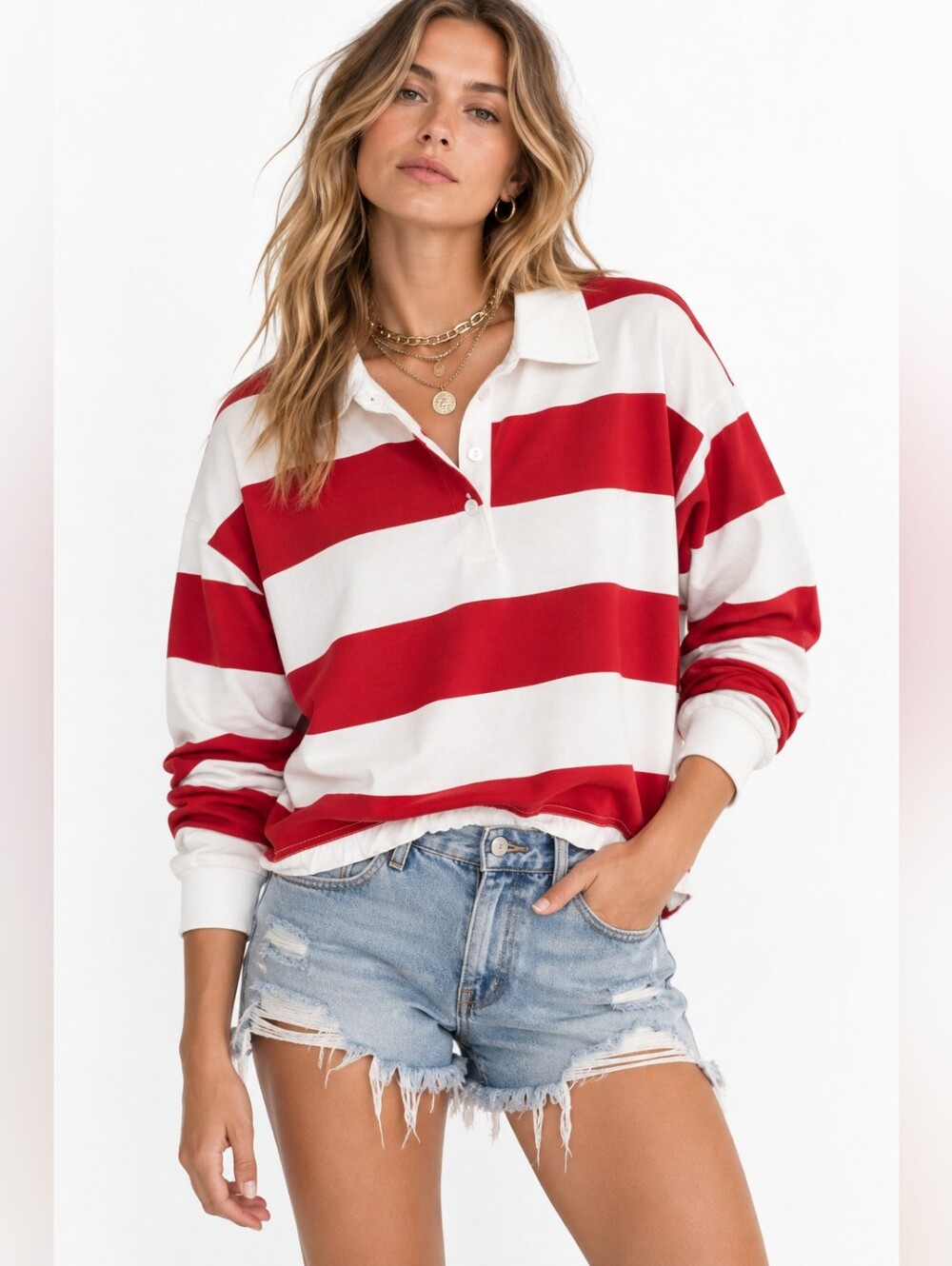 Vigoss Rugby Strip Red And White Top Ruffle Hem